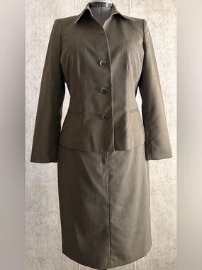 Kasper 2pc Professional Career Olive Brown Micro-Check Pencil Skirt Suit Sz 12